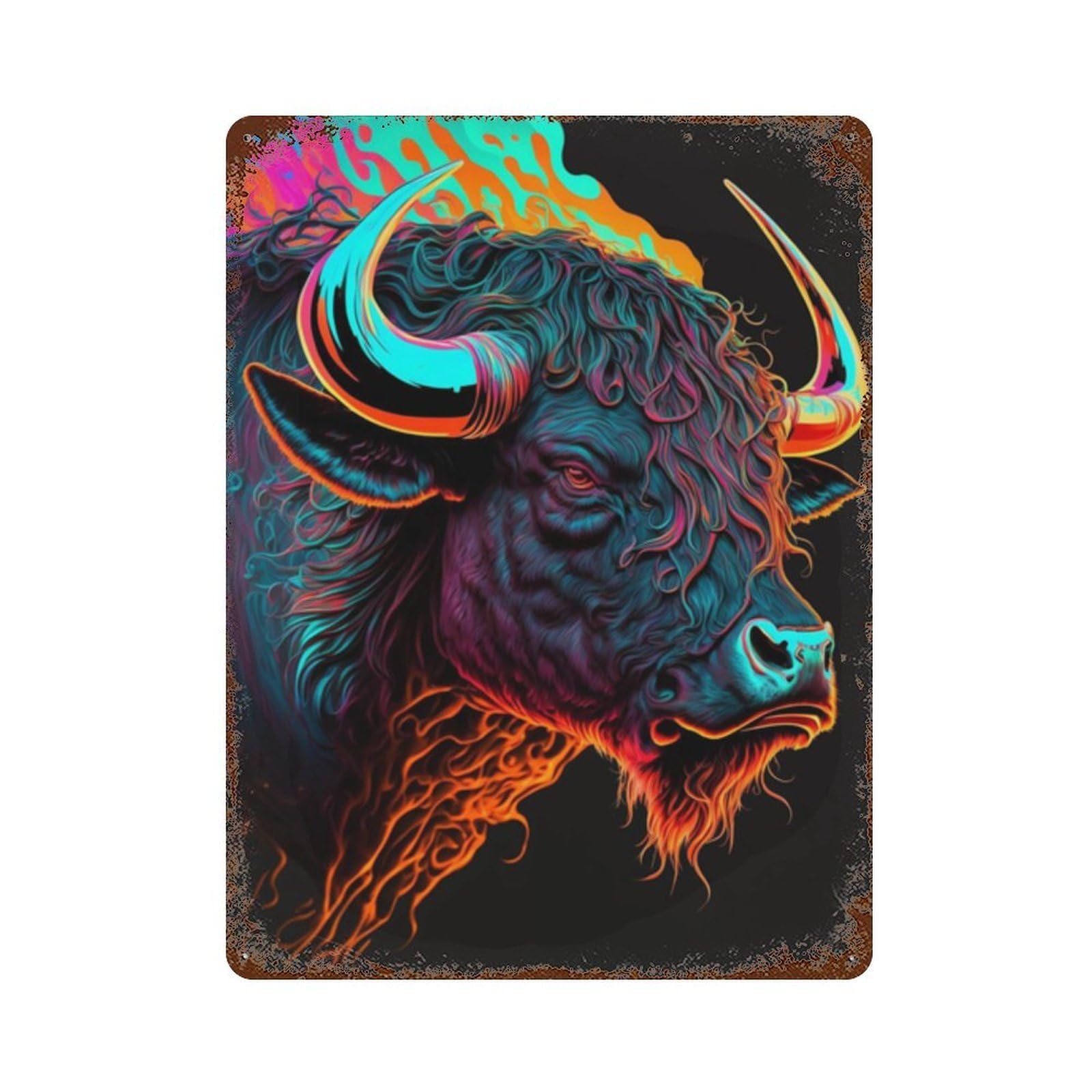 Colorful Bull Head Art Print Rusty Metal Tin Sign 15.7"x11.8", Vintage Wall Decor for Garage, Pub Or Kitchen