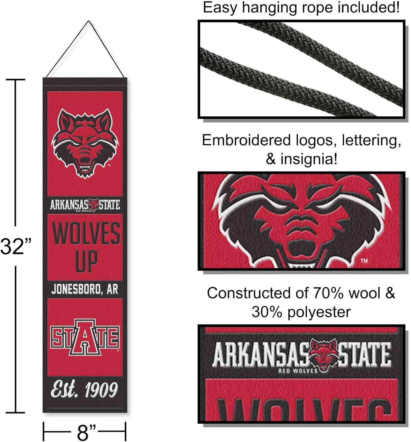WinCraft Arkansas State University Red Wolves Evolution 8x32 Inch Vertical Wool Embroidered Hanging Banner
