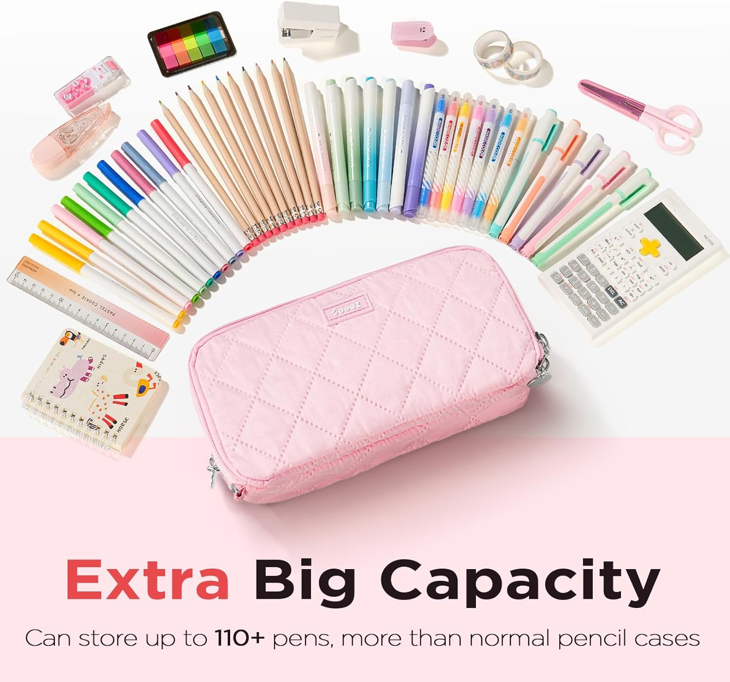 Sooez Large Pencil Case Pouch, Extra Big Pencil Bag with 8 Compartments, Pen Bag Wide Opening, Soft Quilted Pencil Pouch Organizer with Zipper, Portable Pencil Case for Teen Girls, Pink - Image 3