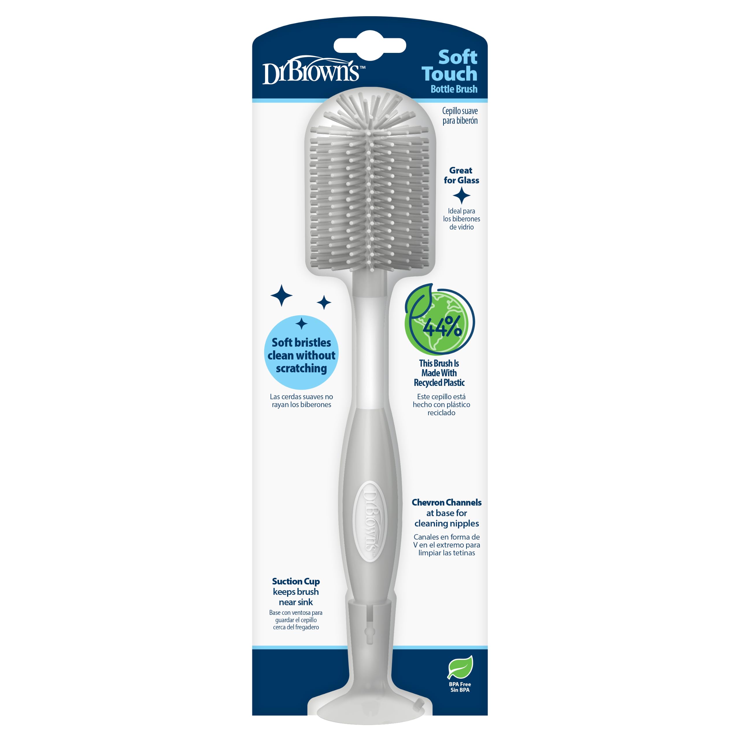 Dr. Brown's Brosse de Nettoyage Douce au Toucher et Anti-Rayures pour biberon - Base à Ventouse pour Un Rangement Facile - sans BPA - Gris