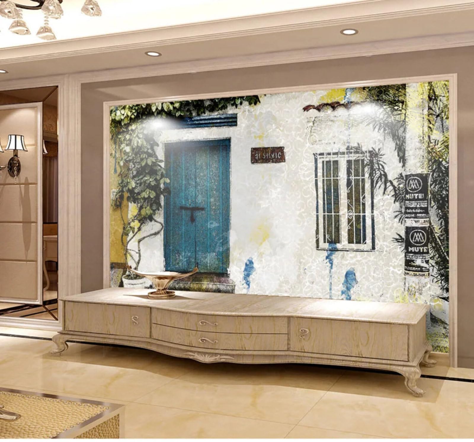Wallpaper-3D-Xlm 250Cm×170Cm(B×H) Vintage Architecture Plants Blue Door Art 3D Wallpaper Easy Install Feature Office Living Room Sofa Bedroom Tv Background Wall Decoration-250Cm×170Cm