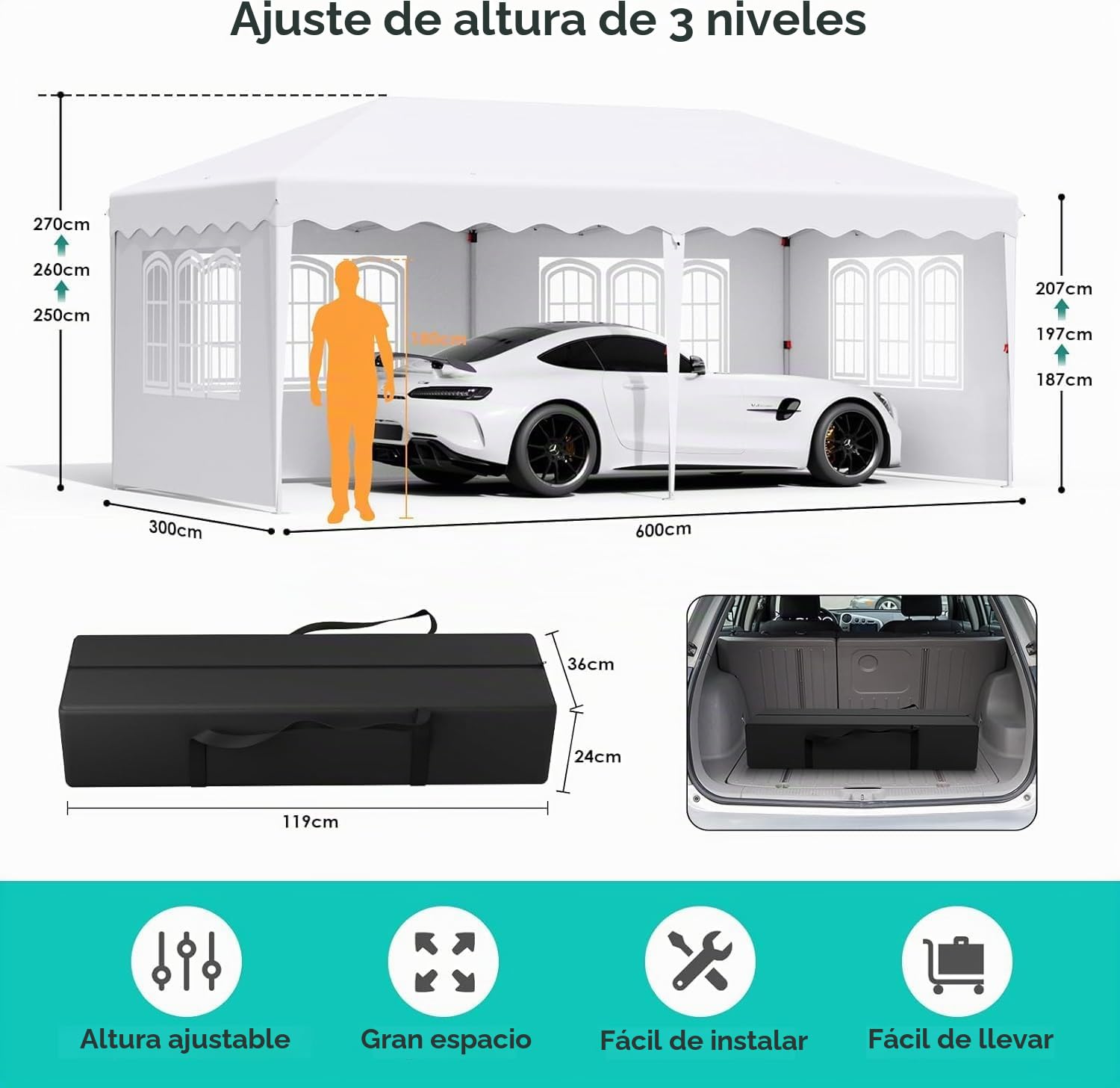 Carpa Plegable Pop-up 3x6M,Gazebo 3x6 con un Solo Empuje, Impermeable Pabellón de jardín con 6 Paneles Laterales, Tienda de campaña para Fiestas al Aire Libre, para Festival/Camping/Mercado, Blanco