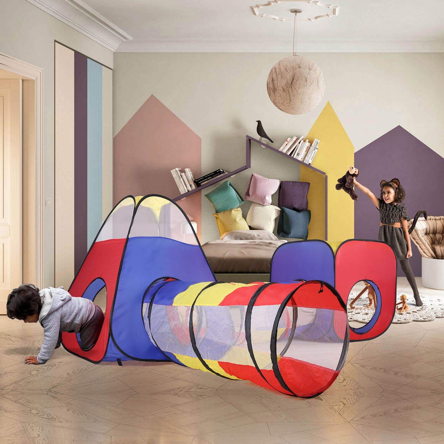 Opret Tienda Campaña Infantile 4 en 1 Pop-up Casita Infantil con Tunel Parque Infantile Plegable para Jardín y Casa, Regalo de Cumpleaños para Niños