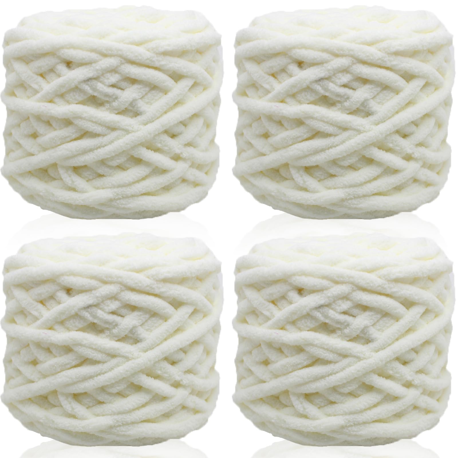95gx4 Chunky Yarn for Crocheting & Knitting,7mm/0.27inches Thick Crochet Chenille Yarn,Fluffy Chunky Wool for Crochet Blanket,Doll,Bag,Hat,Pillow Cushion,Cat Bed(Milky White)
