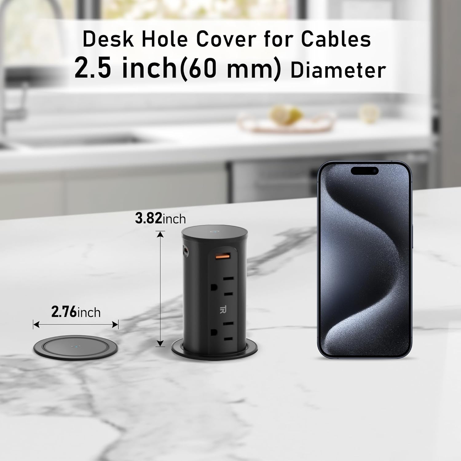 Pop Up Outlet for Countertop with 15W Wireless Charging Pad,20W USB C,Recessed Power Strip 2.5-Inch Hole,Tamper Resistant Receptacle,4 USB,4 Outlets for Kitchen,Office Desk,ETL Listed (Black)