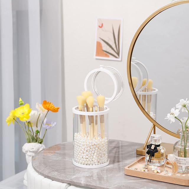 YAKALIKA White Makeup Brush Holder, Vintage Round Glass Cosmetics Brushes Organizer with Dustproof Lid, Large Capacity Storage Box for Vanity, Bathroom, Dresser, Countertop, Desk ( Pearls Included)