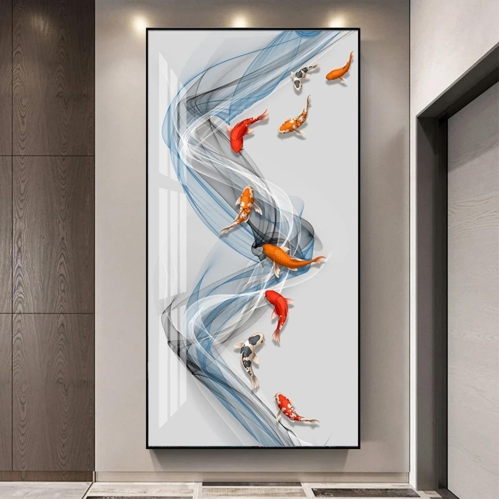 Art mural sur toile carpe koï décoration entrée maison peinture poisson rouge chinois 70x140 - 6