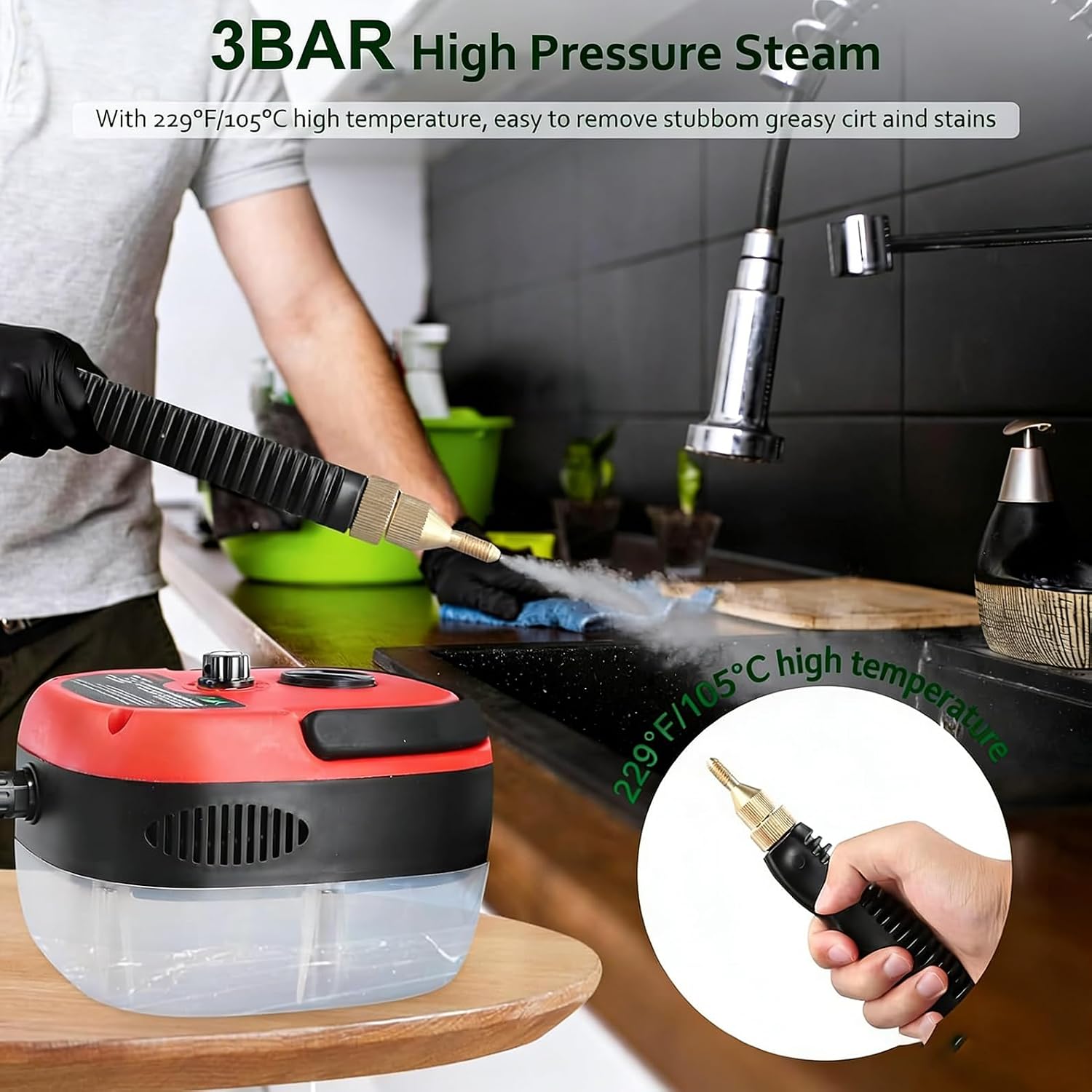 Handheld Steam Cleaner 2500W, 3BAR Steam with 3 Brush Heads, 6-Level Adjustable Steam Cleaner for Home, Kitchen, Bathroom, Tile, Grout, and Car Detailing