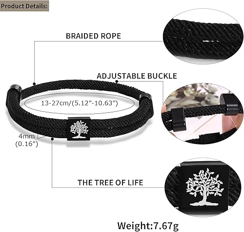 Miniatura 5 de TempBeau Pulsera Trenzada de Cuerda con Cruz para Hombre - Pulsera de Cuerda Ajustable del Árbol de la Vida para Surf, Pulsera de Cuerda Náutica