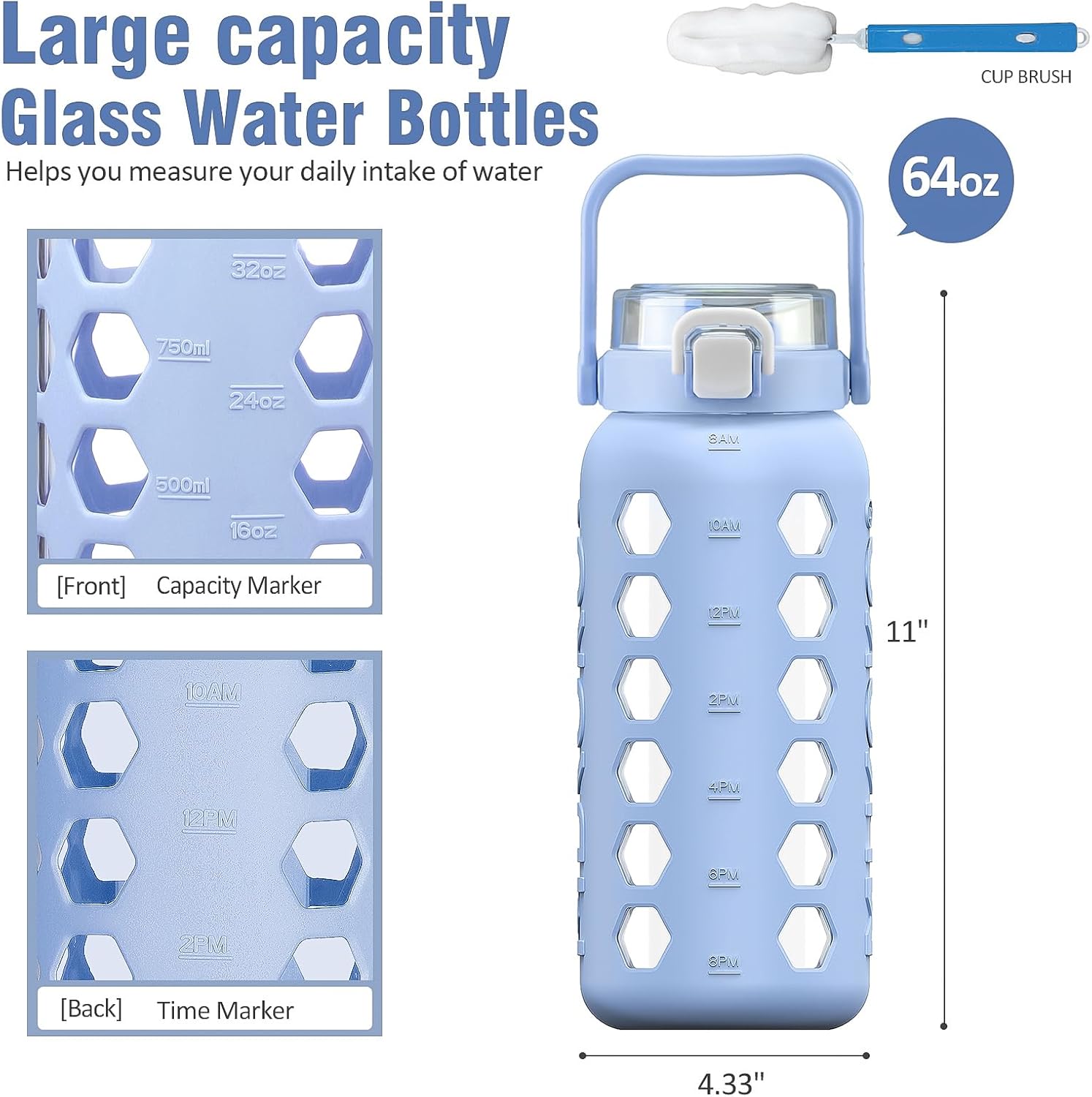 MUKOKO Half Gallon/64 oz Glass Water Bottles with Straw and Lid,Motivational Water Jug with Time Marker Reminder and Silicone Sleeve,100% Leakproof BPA Free Fitness Sports Large Bottle-Light Blue - Image 2