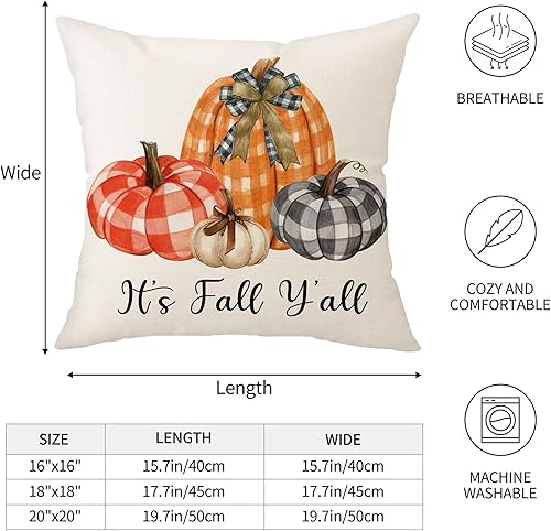 Miniatura 6 de Aitukang Fundas de almohada de otoño de 18 x 18 pulgadas, diseño de calabaza a cuadros de acuarela, funda de almohada decorativa de otoño de Acción