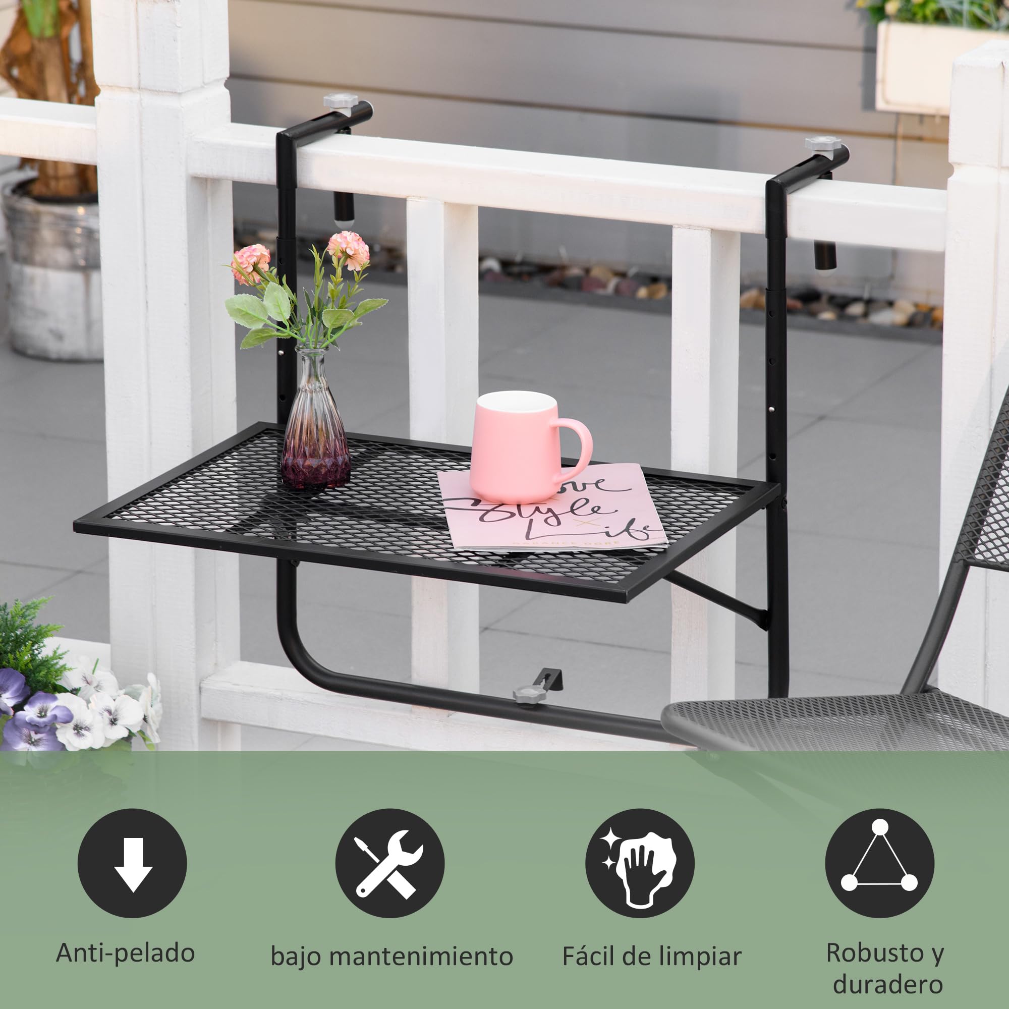 Outsunny Mesa Colgante de Balcón Plegable 60x60x57-72 cm Negro | De Metal para Barandilla, Altura Ajustable en 4 Niveles, Carga 10 kg, Terraza Jardín Exterior