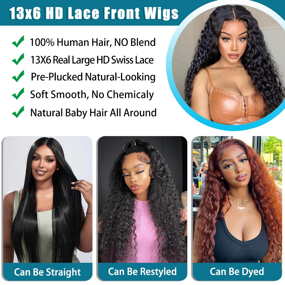 SOSATISFY 26 Inch 13x6 HD Transparent Lace Frontal Wigs Human Hair Deep Wave Wig 13x6 Lace Front Wigs Human Hair Pre Plucked 200 Density Curly Wigs for Black Women Natural Hairline Natural Color