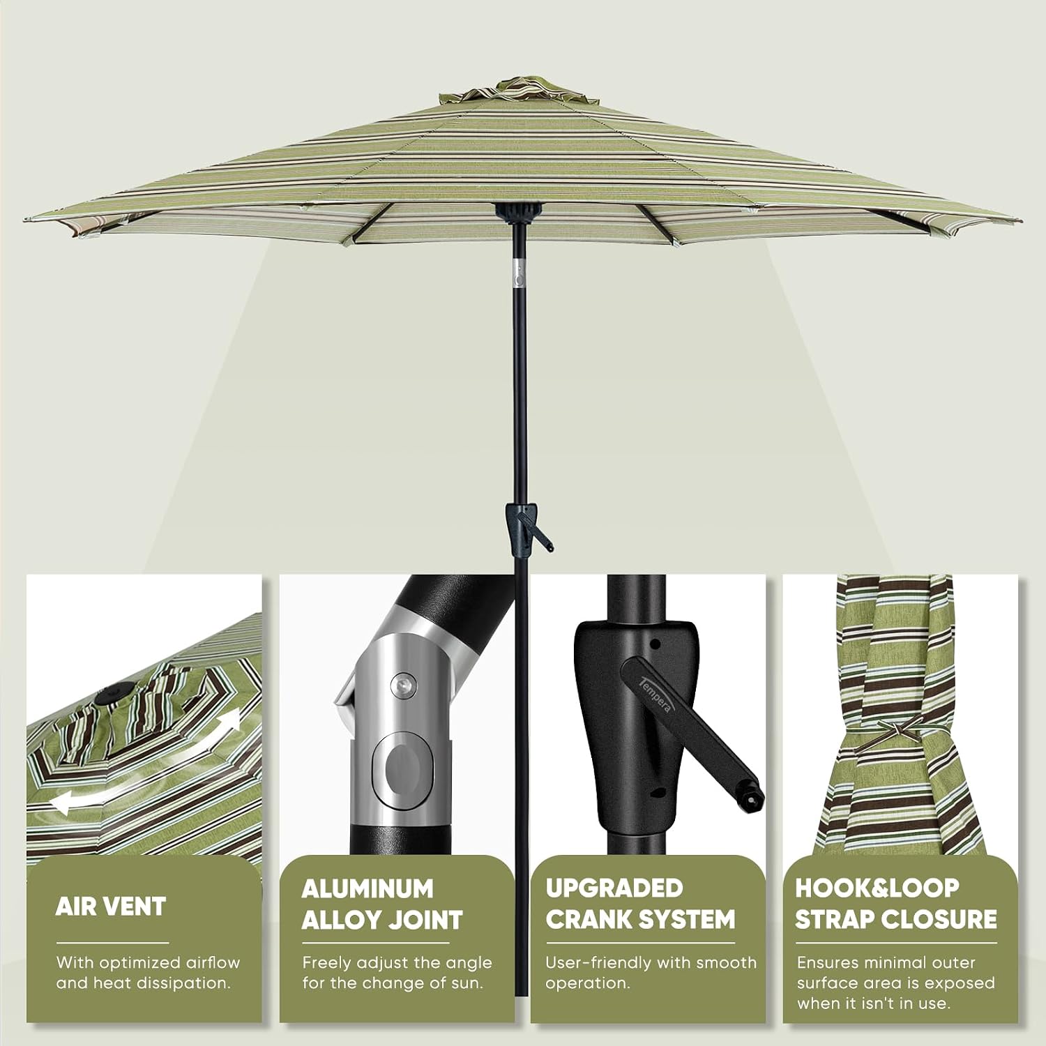 Tempera Patio Market Outdoor Table Umbrella with Push Button Tilt and Crank, Large Sun Umbrella with Sturdy Pole & Fade Resistant Canopy, Easy to Set