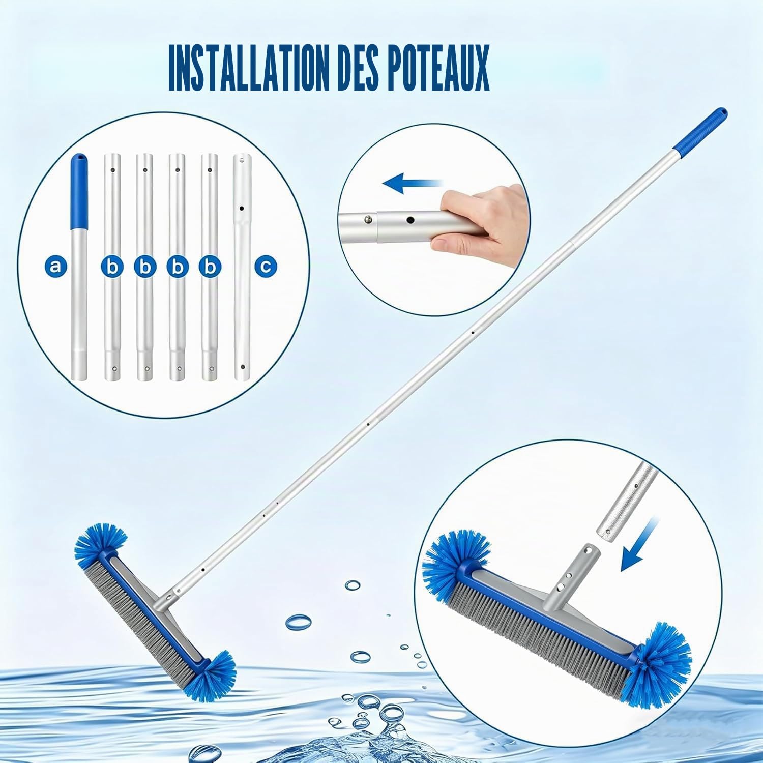 Brosse pour Piscine avec Manche Télescopique 220cm – Balai Nettoyage 43cm, Extrémités Rondes pour Protection – Kit Accessoire Réglable – Idéal Piscine Hors-Sol & Creusée