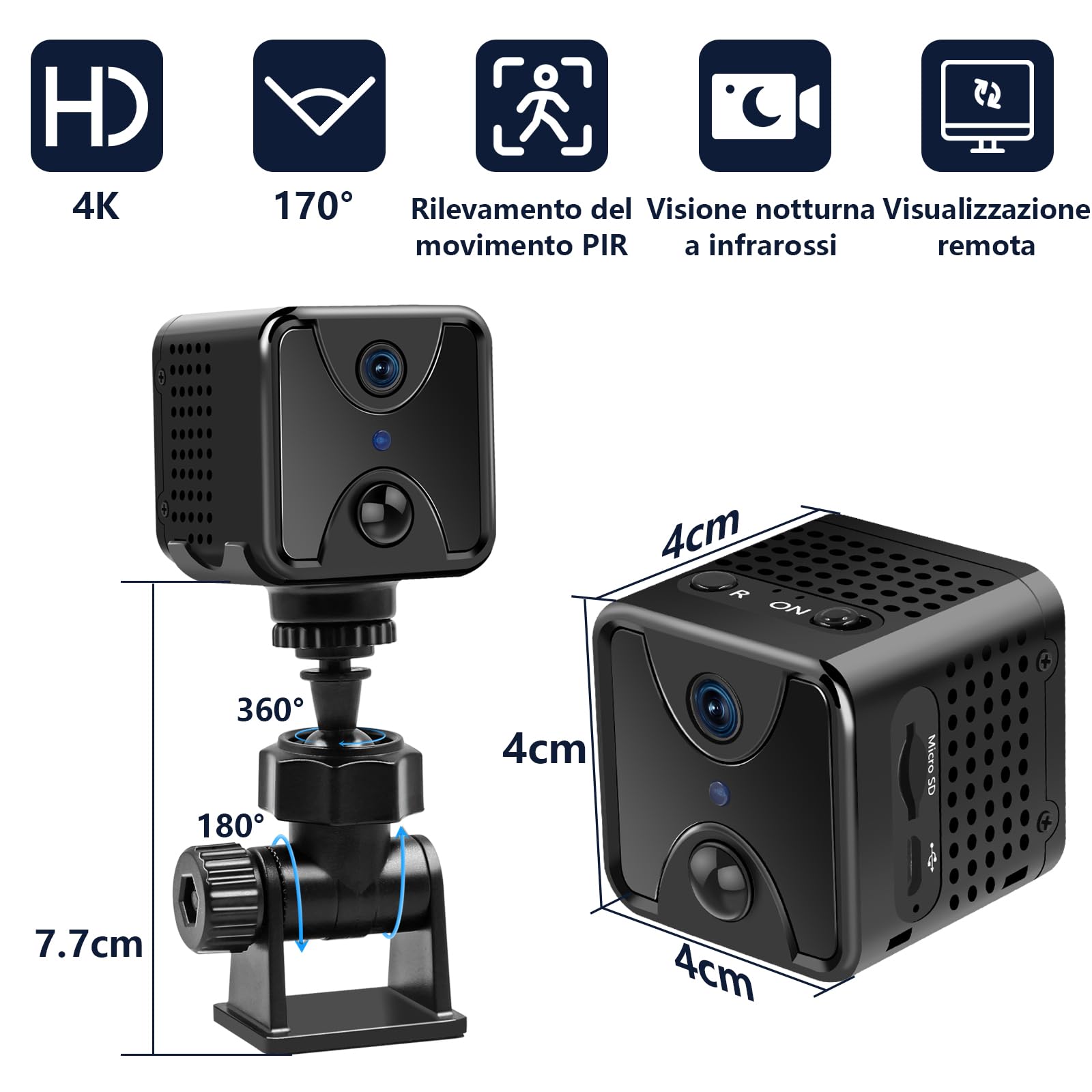 Mini Telecamera Nascosta Spia 4K，Microtelecamera Spia Camuffata con Registrazione, Videocamera Sorveglianza Interno Mini con Rilevamento del Movimento per la casa, l'ufficio e altri ambienti interni