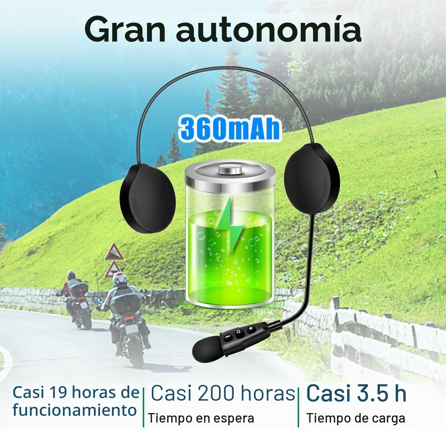 EJEAS E1+ Casco para Motocicleta, Sistema de Comunicación Bluetooth 5.1 con Función de Reducción de Ruido CVC, Altavoz para Casco, Conexión de 2 Teléfonos Móviles