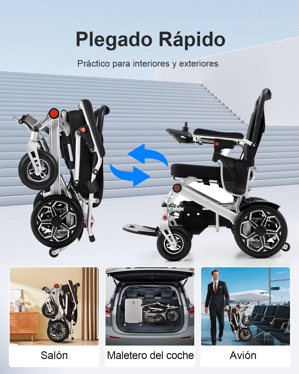 D10 Silla de Ruedas Eléctrica Plegable para Adultos, Potente Motor 500W, Batería Litio Extraíble 12Ah, Autonomía 20KM, Marco Reforzado Aleación de Aluminio, Capacidad 150KG, Aeronave aprobada