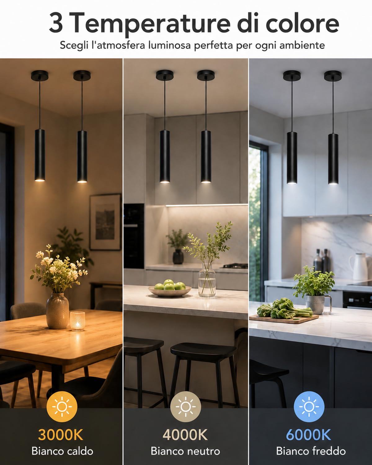 ACMHNC Lampada a Sospensione GU10, Lampada a Sospensione Nero Moderno per Cucina Camera da Letto Comodino, 10W Lampadario Cilindro Regolabile in Altezza 120cm, 3000/4000/6000K, 6x30 cm