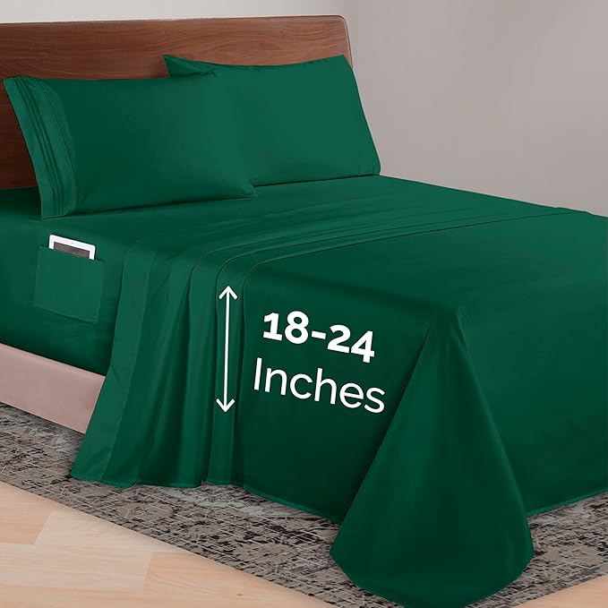 Elegant Comfort Luxurious 1500 Premium Hotel Quality Microfiber 4-Piece Sheet Set, 18-24 Inches Deep - Extra Deep Pocket Sheets - Ultra Soft 4PC Deep Pocket Sheets, Queen, Hunter Green