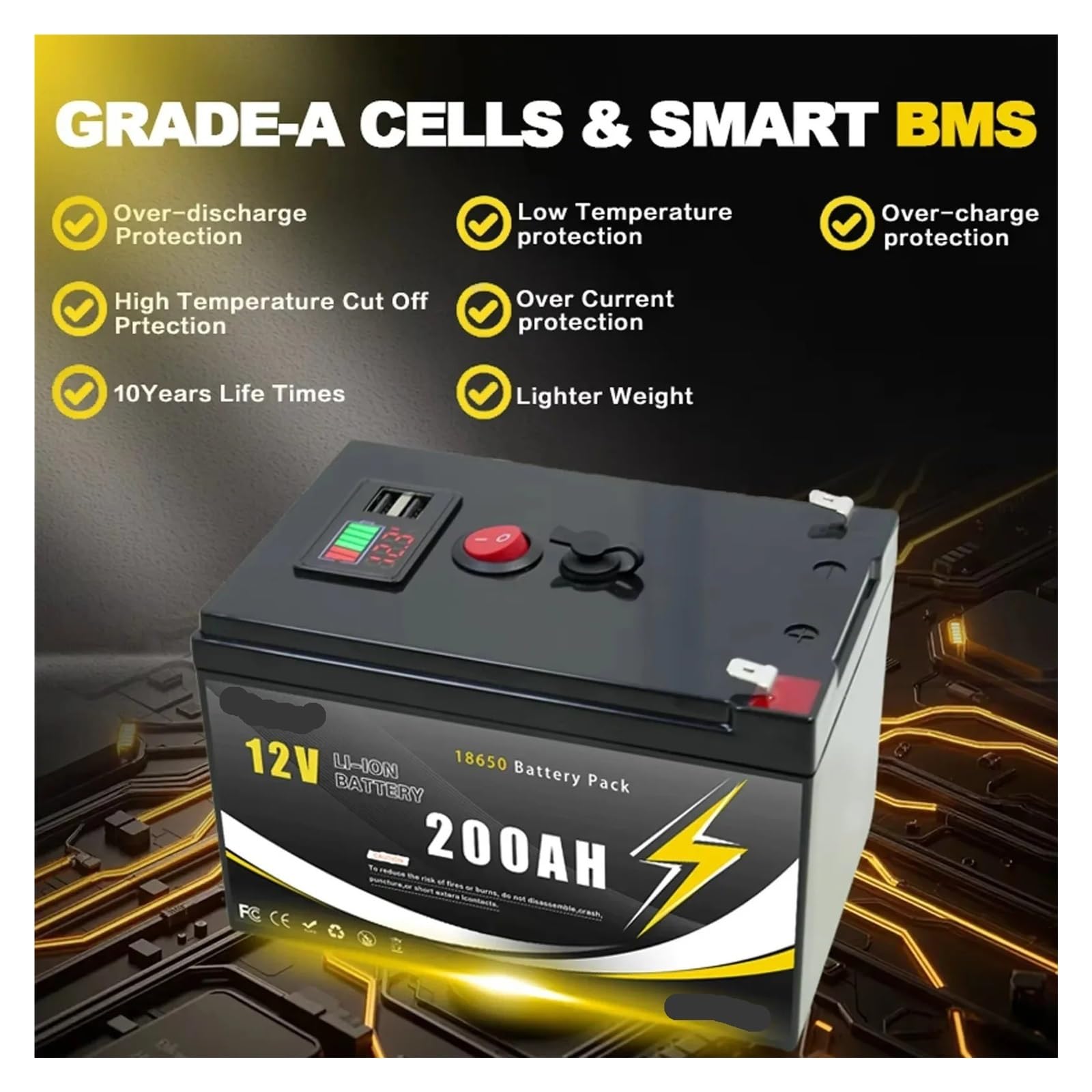 Batteria a ciclo profondo Batteria al litio 12V 200Ah LiFePO4 4000+ cicli | Profondo BMS incorporato,(12v 200Ah)