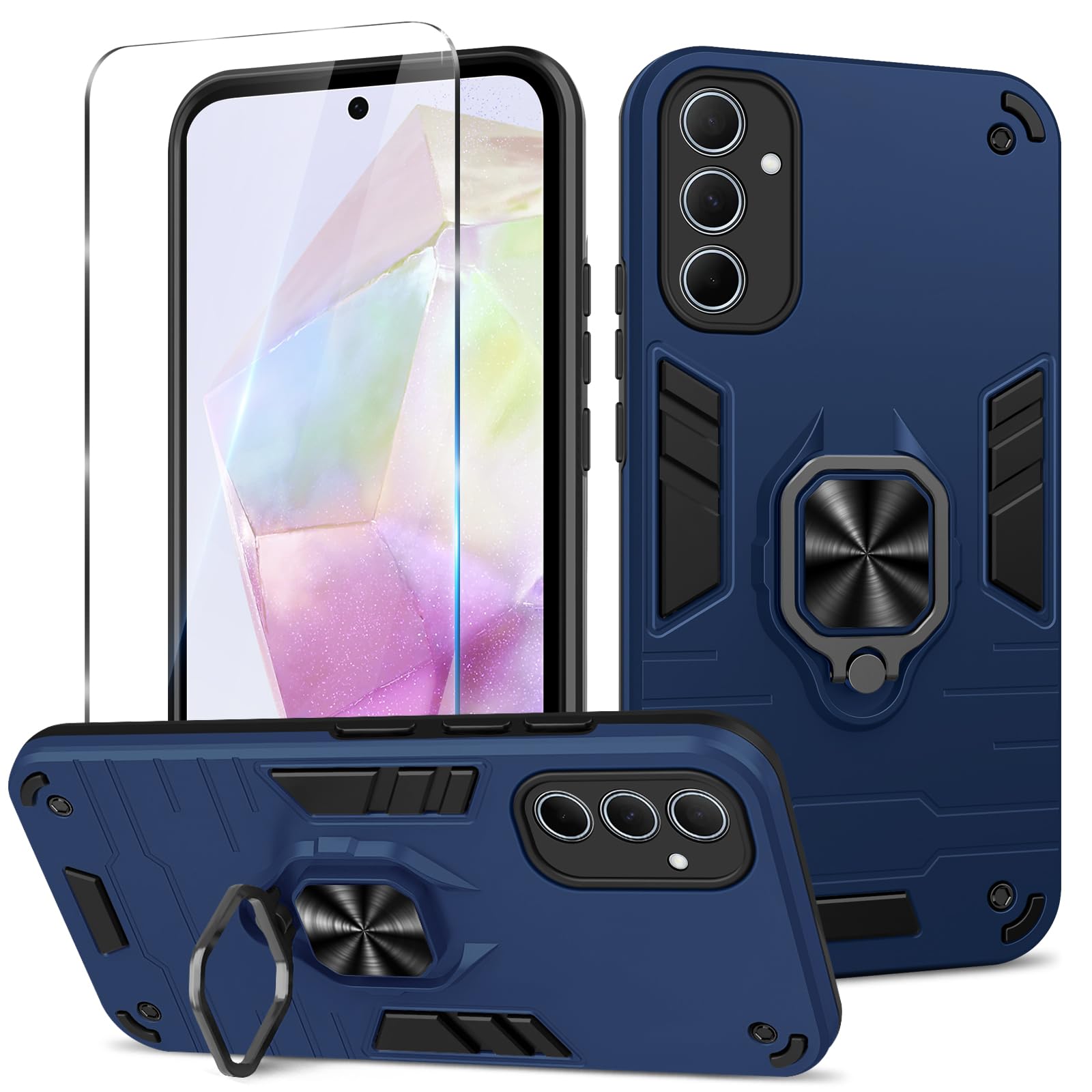 Funda para Samsung Galaxy A13 4G con Cristal Templado Protector Pantalla, Carcasa Antigolpes con Soporte anular metálico, Case Protectora de Grado Militar, Negro — view 114