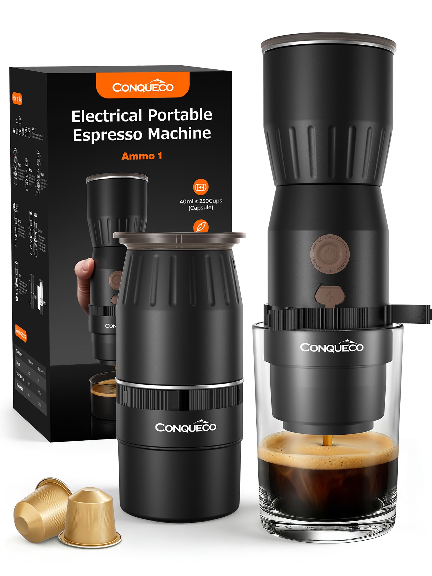 CONQUECO Machine à Café Portable Électrique 20 Bars, 160ml, Pompe Pression Batterie, Compatible Capsule et Café Moulu, USB-C Rechargeable pour Camping Voyage Bureau (Non auto-chauffant) (Noir)