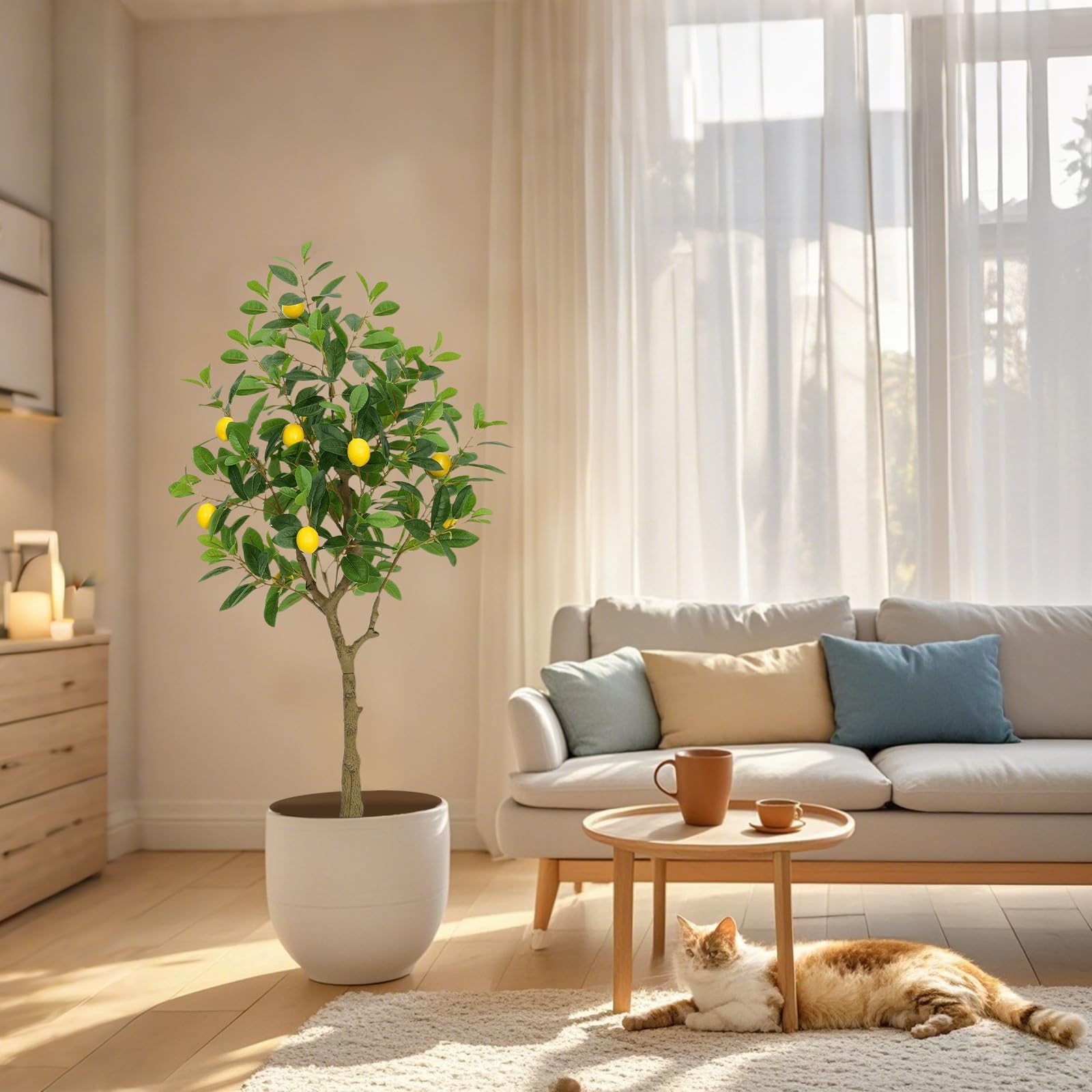 120 cm Grande Plante Artificielle Citronnier interieur, Fausse Plante Interieur avec Citron et Feuilles PE,künstliche Plante/Réaliste Arbre artificiel avec Pot Noir pour Salon, Bureau,Balcon
