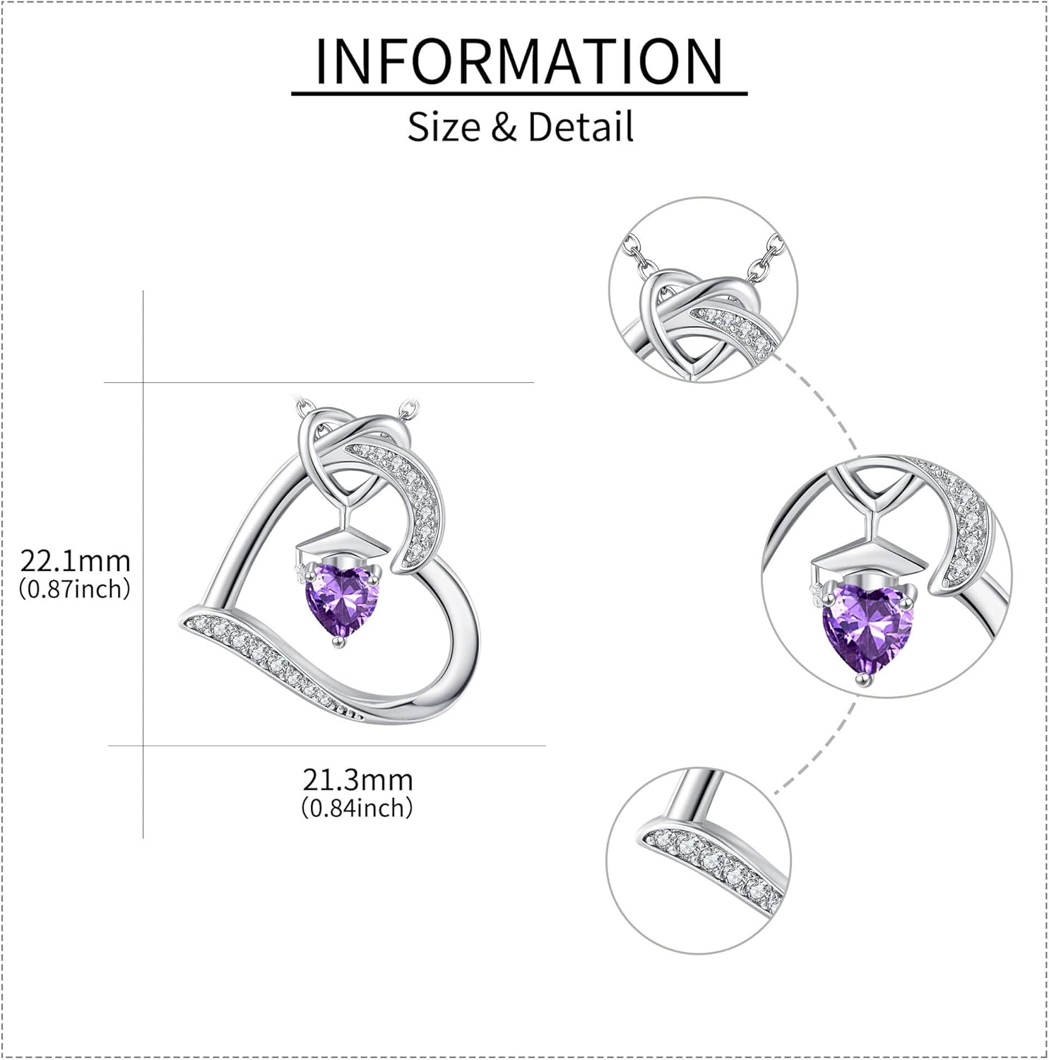 YAFEINI Birthstone Graduation Necklace S925 Sterling Silver Class of 2024 Bachelor Cap Necklaces Class of 2025 Heart Pendant College High School Graduation Jewelry Gifts for Women (February-Amethyst) - Image 2