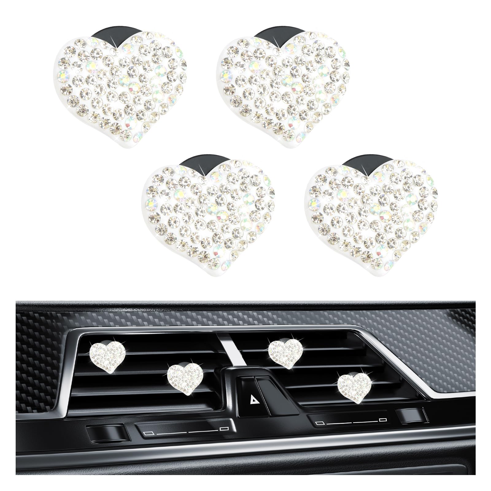 4PCS Bling Car Vent Clips with Rhinestone,Cute Heart Air Vent Clips for Interior Decorating,Shiny Air Vent Clips Car Accessories as Birthday Gifts for Women &amp; Girls (White)