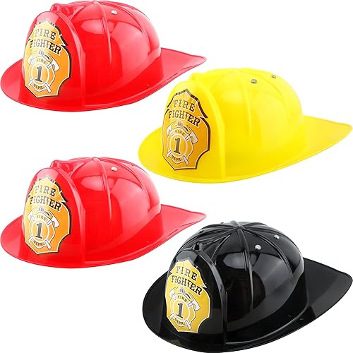 Miniatura 1 de Restroma Paquete de 4 sombreros de bombero de plástico para niños, casco de bombero con correa de ajuste para niños y niñas