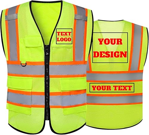 Chaleco de seguridad reflectante de malla con logotipo personalizado Clase 2 con 5 bolsillos y cremallera