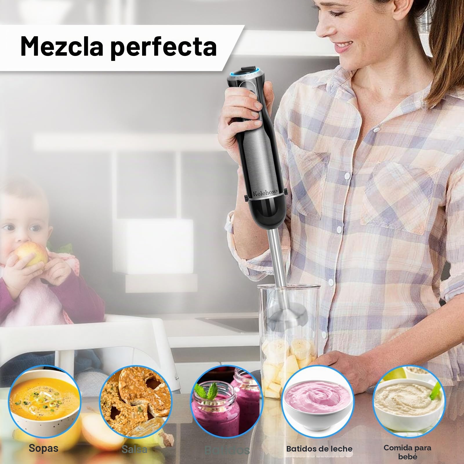 1500W Batidora de Mano, 4 in 1 Minipimer con 20 Velocidades y TRUBO botón | Batidora Picadora, 4 Hojas de Acero Inoxidable incluye 600ml Vaso Medidor, Batidor de Huevos, 500ml Picadora