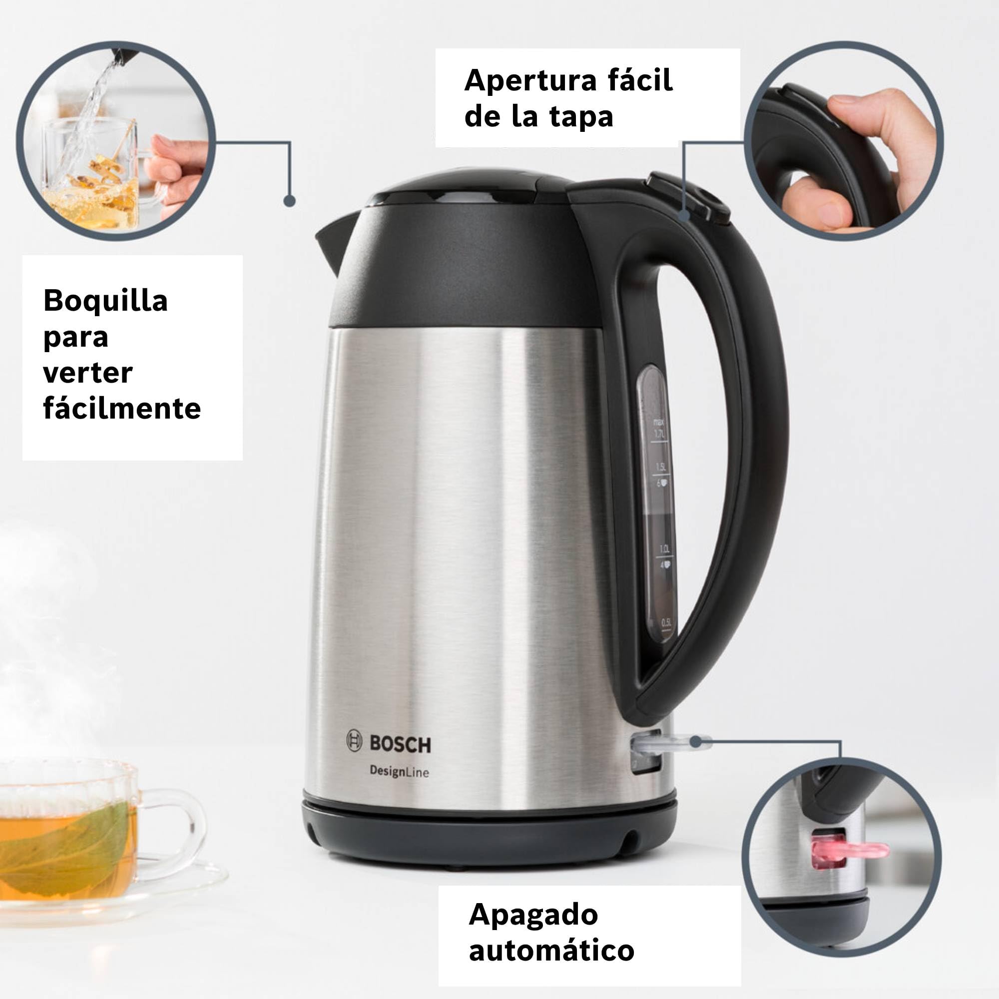 Bosch - Hervidor, DesignLine, 1.7 l, Acero inoxidable, TWK3P420