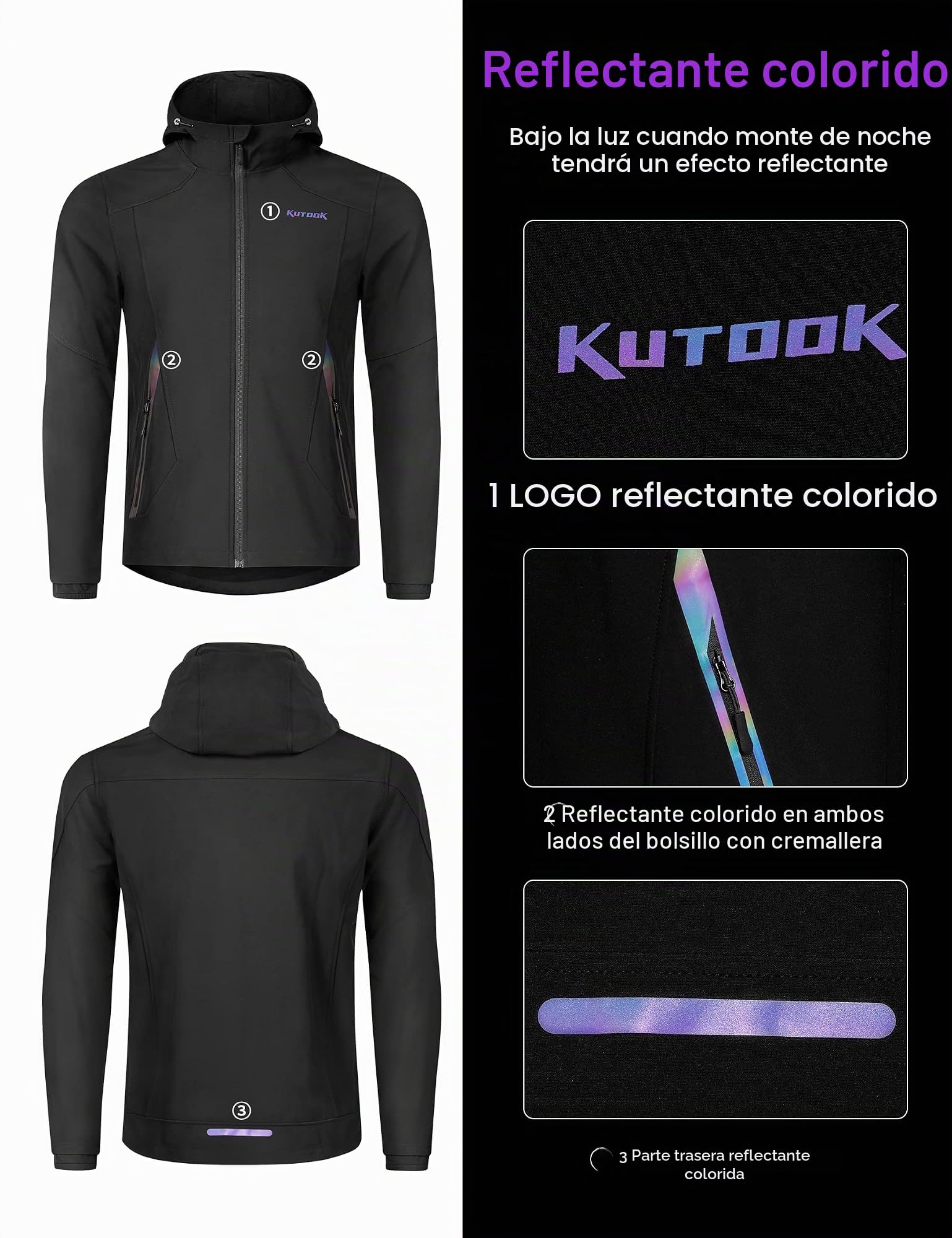 KUTOOK Chaqueta Hombre Invierno Cortavientos Softshell Trekking Senderismo Montaña Running Ropa Ciclismo Termica Impermeable Negro XL