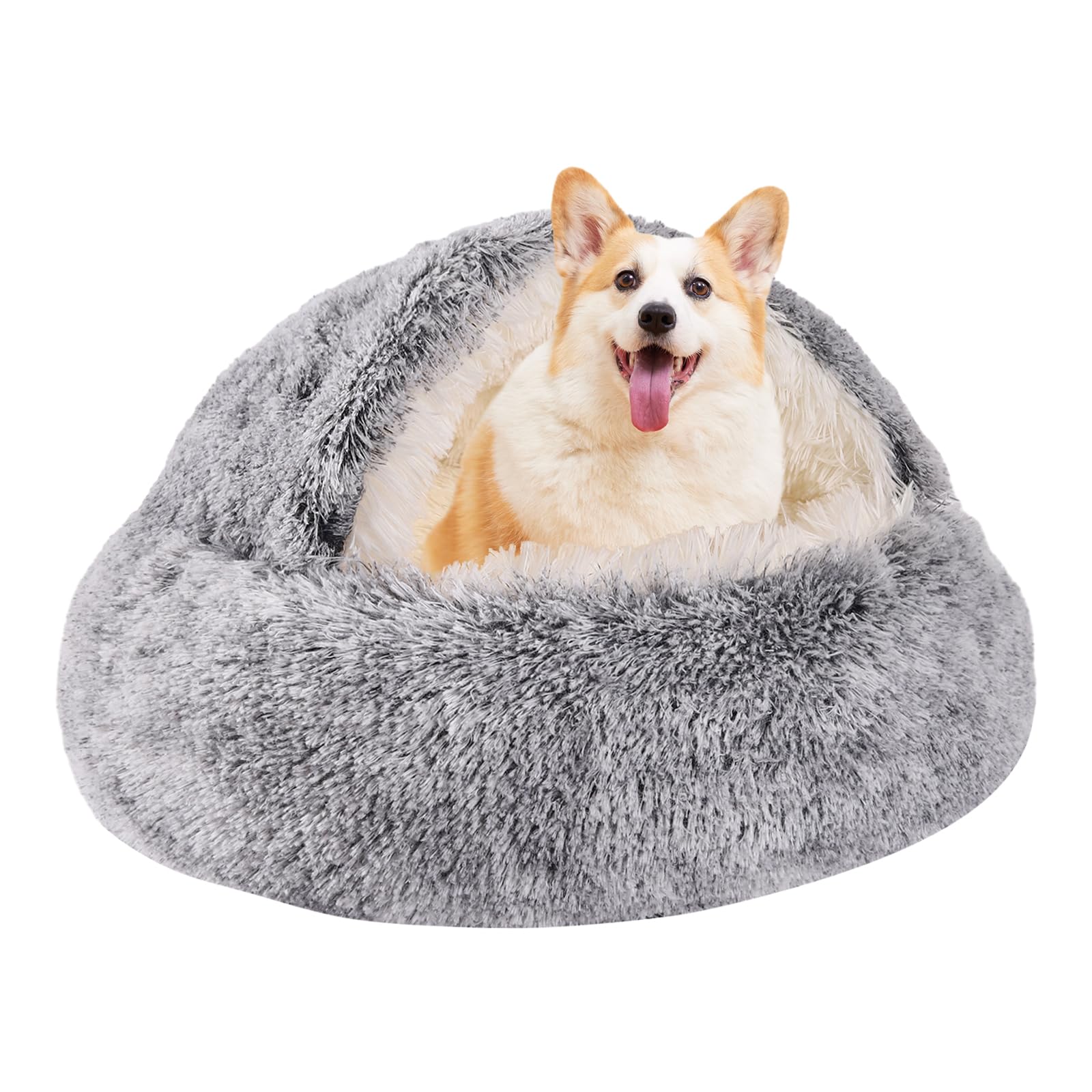 Round Hooded Cat Bed & Dog Bed with Cover Cave, Dog Bed for Small Dogs, Faux Fur Cuddler Round Coved Cat Bed Self Warming Donut Dog Bed Fits up to 22 lbs Pets (Gray, 24inch x 24inch)