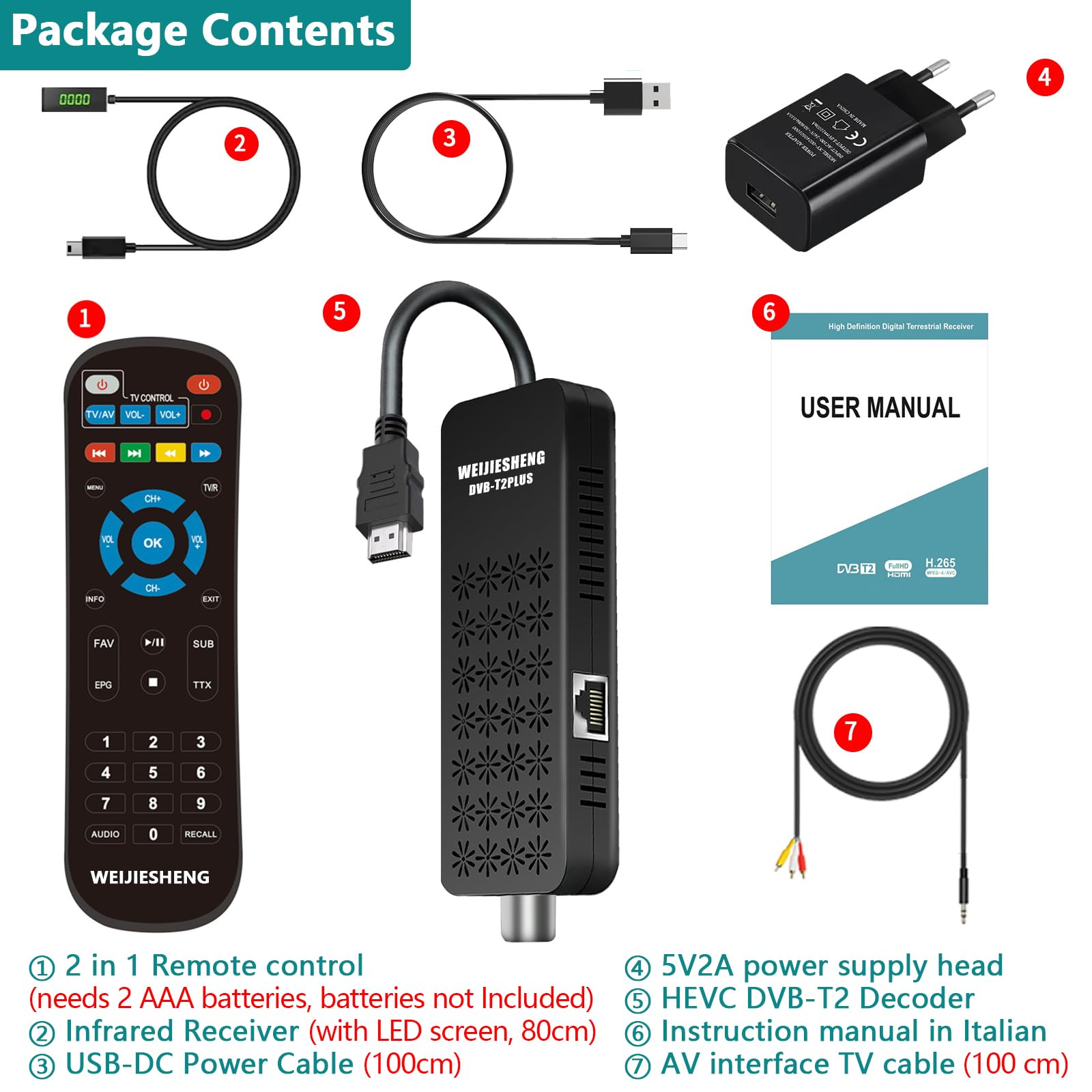 Decoder Digitale Terrestre 2025,Decoder per tv,Decoder DVB-T2,HD 1080P H.265 HEVC Main 10-Bit,Supporta le Funzioni USB WiFi/DLNA/Ethernet/PVR/Multimedia [Telecomando 2-in-1 con controllo TV]