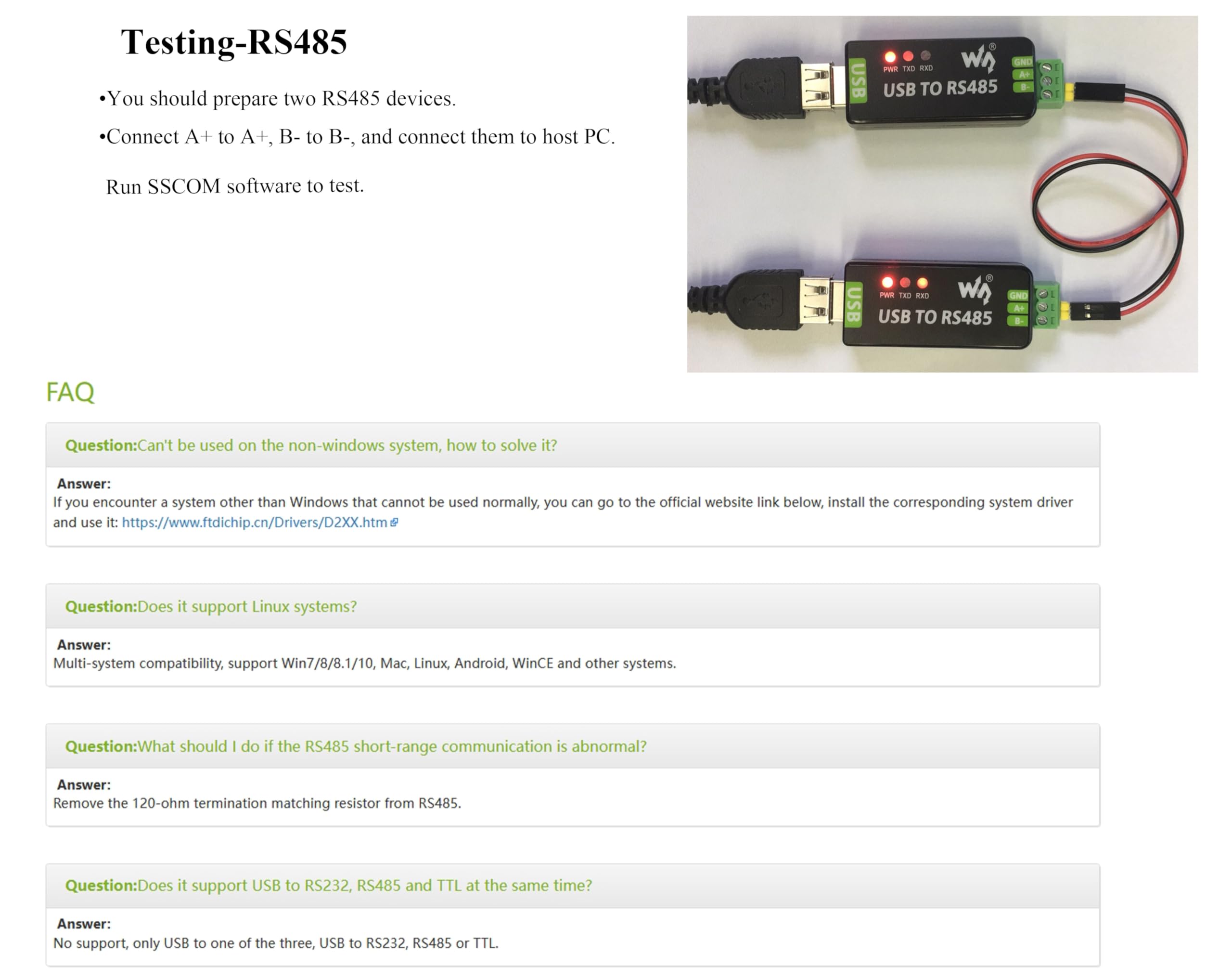 Industrial USB to RS485 Bidirectional Converter with Original FT232RNL and SP485EEN Chip, Supports Linux, Android,Win11/10/8.1/8/7/XP, etc. With Protection Circuits for Industrial Control Equipments