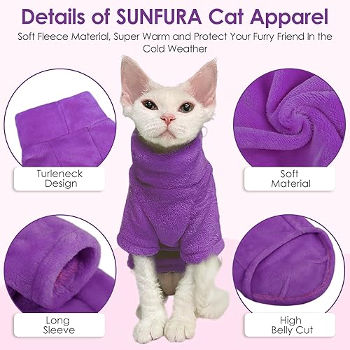 Miniatura 7 de SUNFURA Abrigo de cuello alto para gato, chaleco de forro polar de invierno para gato, pijama suave y acogedora con mangas para cachorros y gatos,