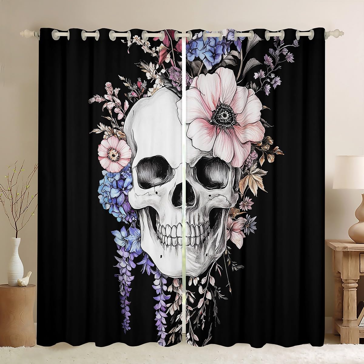 Manfei Skull Kids Blackout Curtain,Happy Halloween Flower Plant Nursery Bedroom Playroom Decor,Goth Botanical Fashion Window Drapes,White Black Purple 2 Panels,46Wx54L inch
