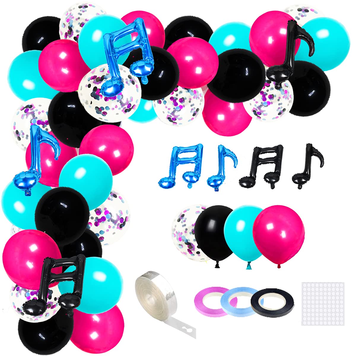 Surprise Music Theme Party Balloon Arch Garland - Rose Red Turquoise Blue Black Confetti Latex Balloon Music Concert Note Balloons for Musical Disco Tik Tok Theme Birthday Graduation Party Decor