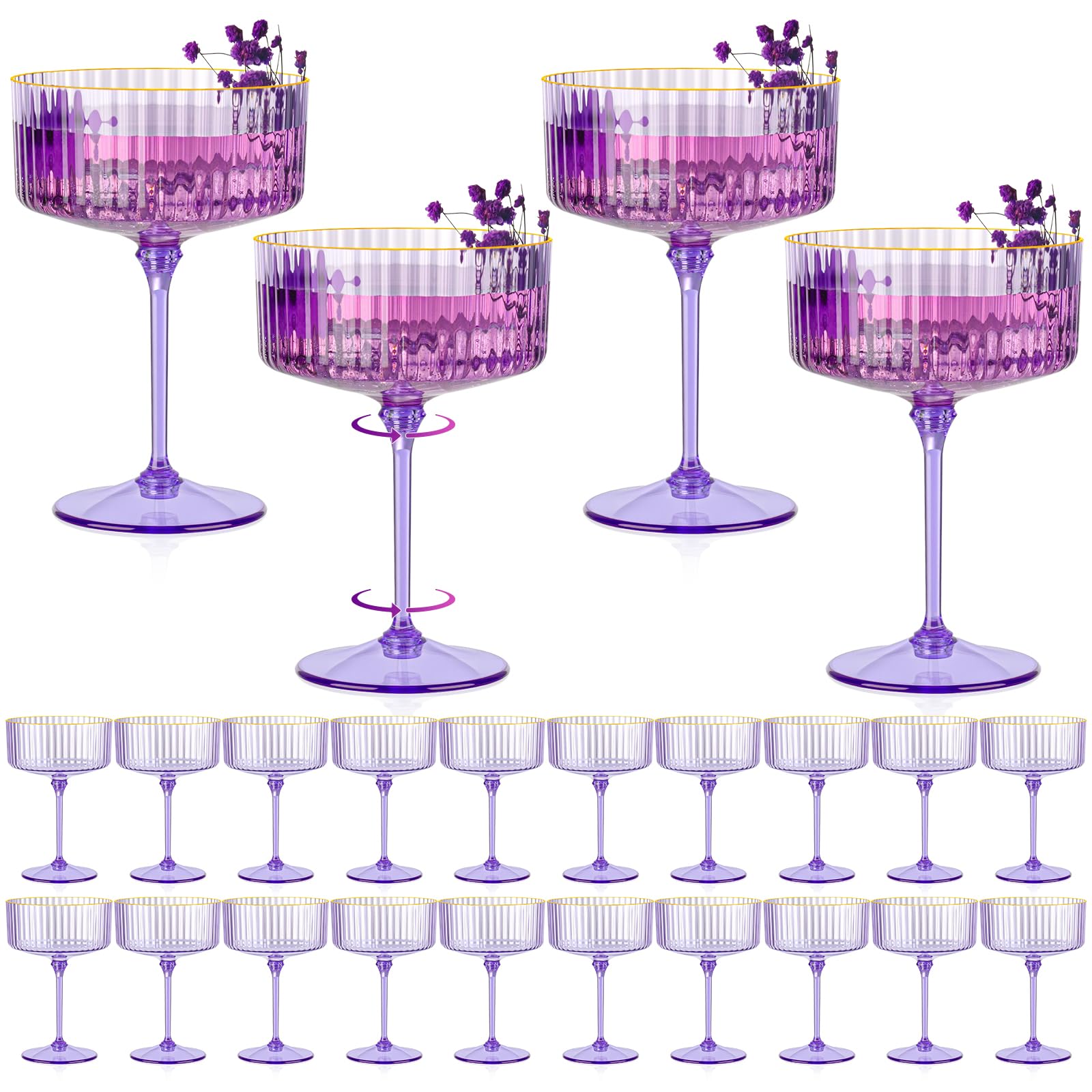 24 PCS Ribbed Coupe Glasses Purple Plastic Champagne Coupe Cup 10oz Detachable Gold Rim Espresso Martini Glass Vintage Margarita Glassware Cocktail Glass Disposable for Halloween Bridal Showers