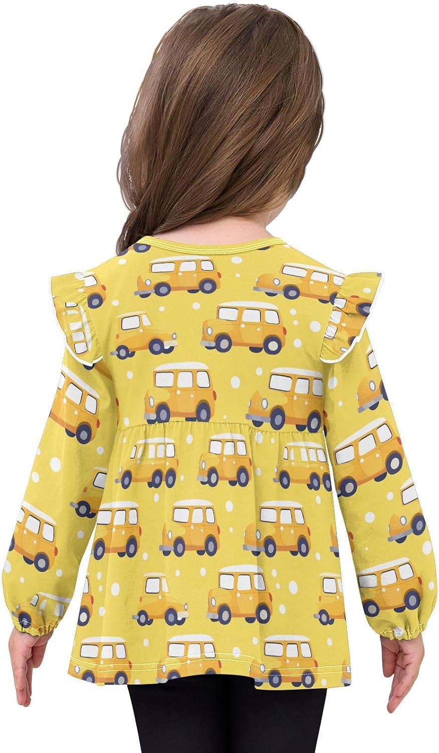 visesunny Toddler Clothes for Girls Yellow Car Polka Dots Long Sleeve Fall Shirts Cotton Top with Ruffle Collar