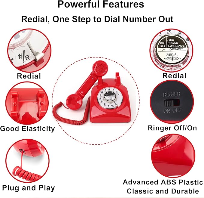 Teléfono Retro Rotativo Rojo para Línea Fija miniatura 3