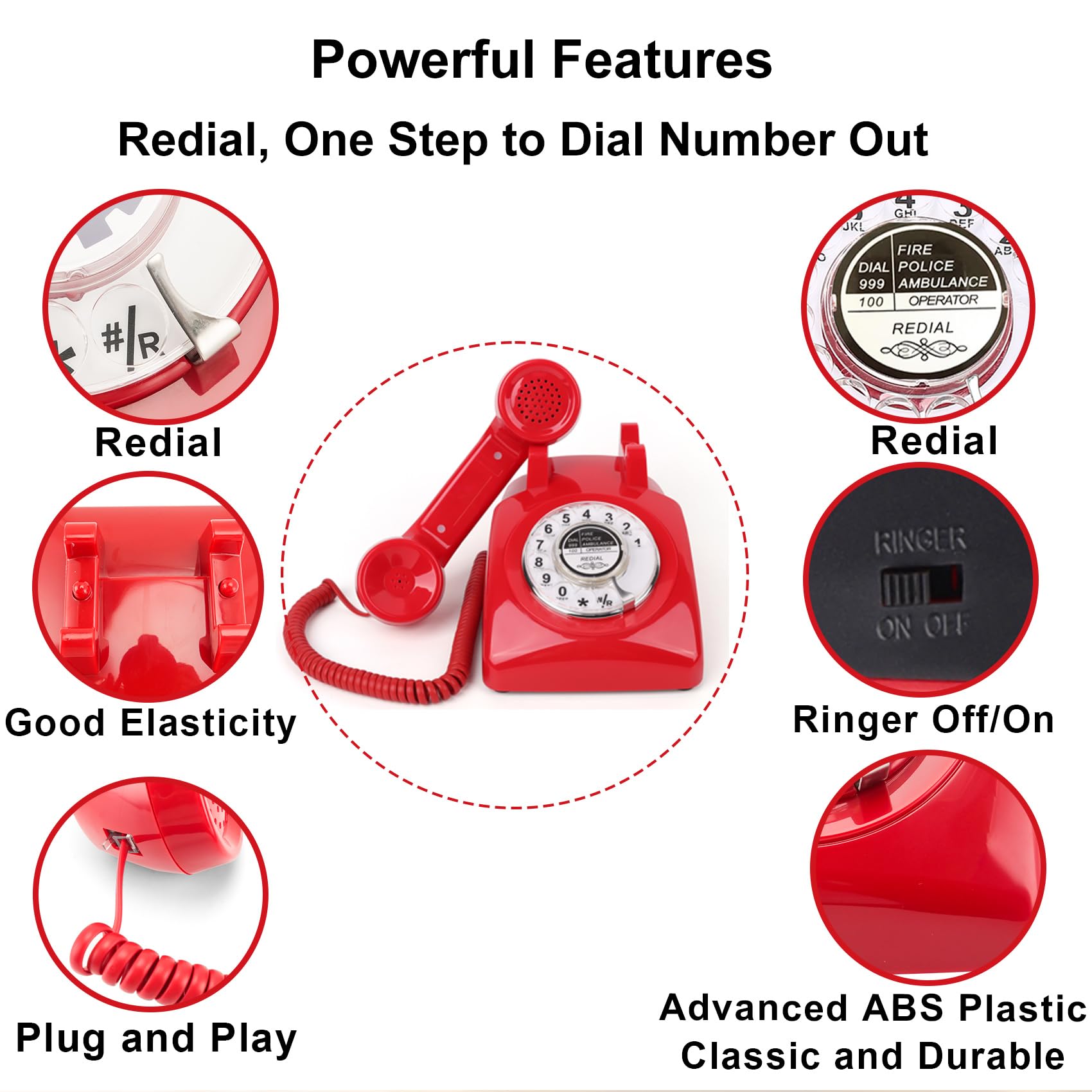 Campana mecánica giratoria retro roja, teléfono antiguo de los años 60 (cable extraíble actualizado), teléfono giratorio antiguo (timbre alto/apagado), teléfono fijo vintage para el hogar, hotel, rojo