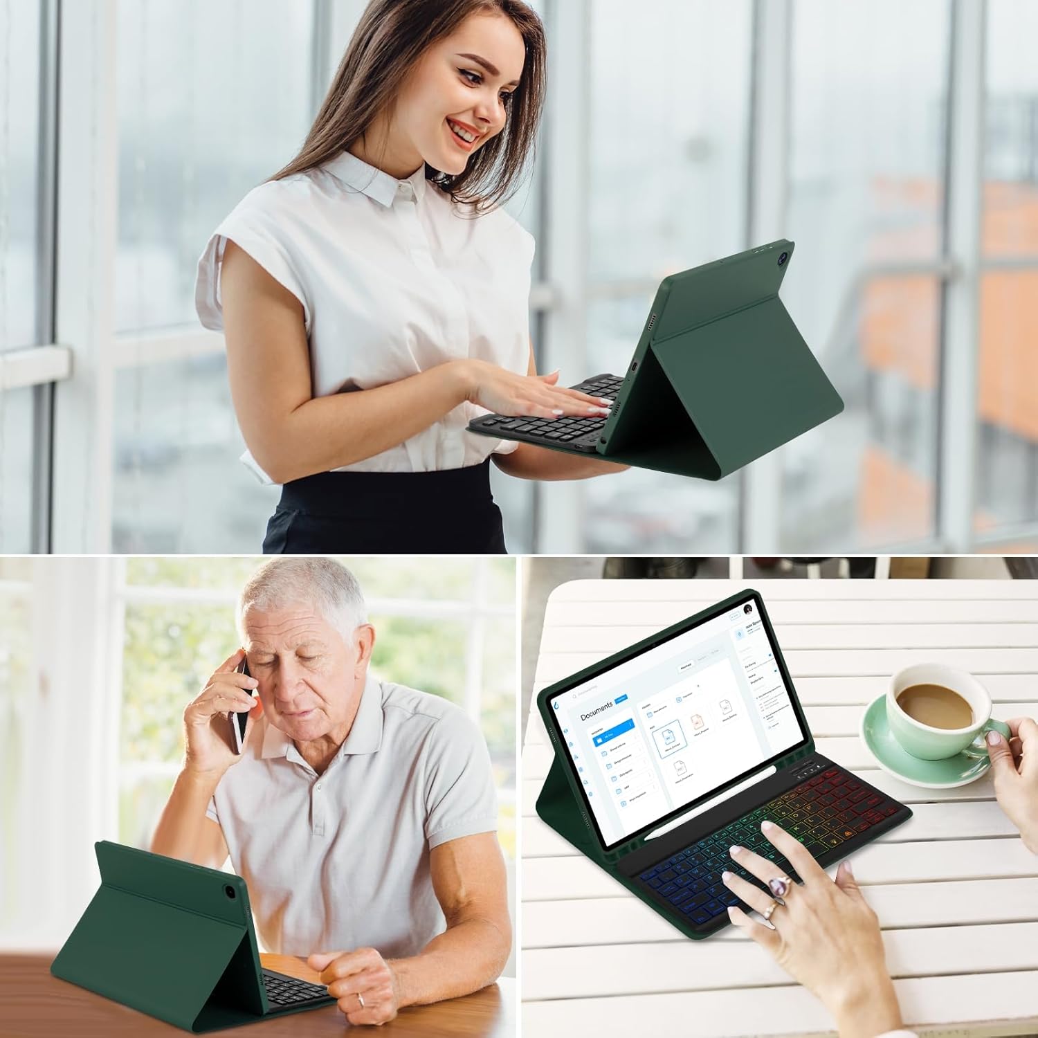 Case with Keyboard Mouse for Samsung Galaxy Tab A9 Plus 11 inch (SM-X210/X215/X216/X218),7 Color Rainbow Backlit Detachable USB-C Keyboard Magnetic Case with Pen Slot for A9+ 5G Dark Green