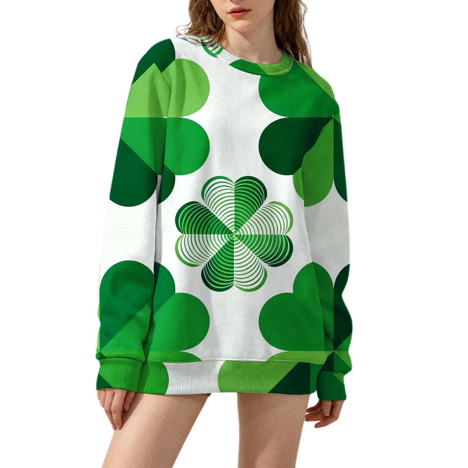 Women St Patrick's Day Sweatshirt Green Shamrock Chic Graphic Pullover Tops Crew Neck Oversized Fashion Long Sleeve Jumper Ladies Elegant St Patricks Day Shirts Tunic