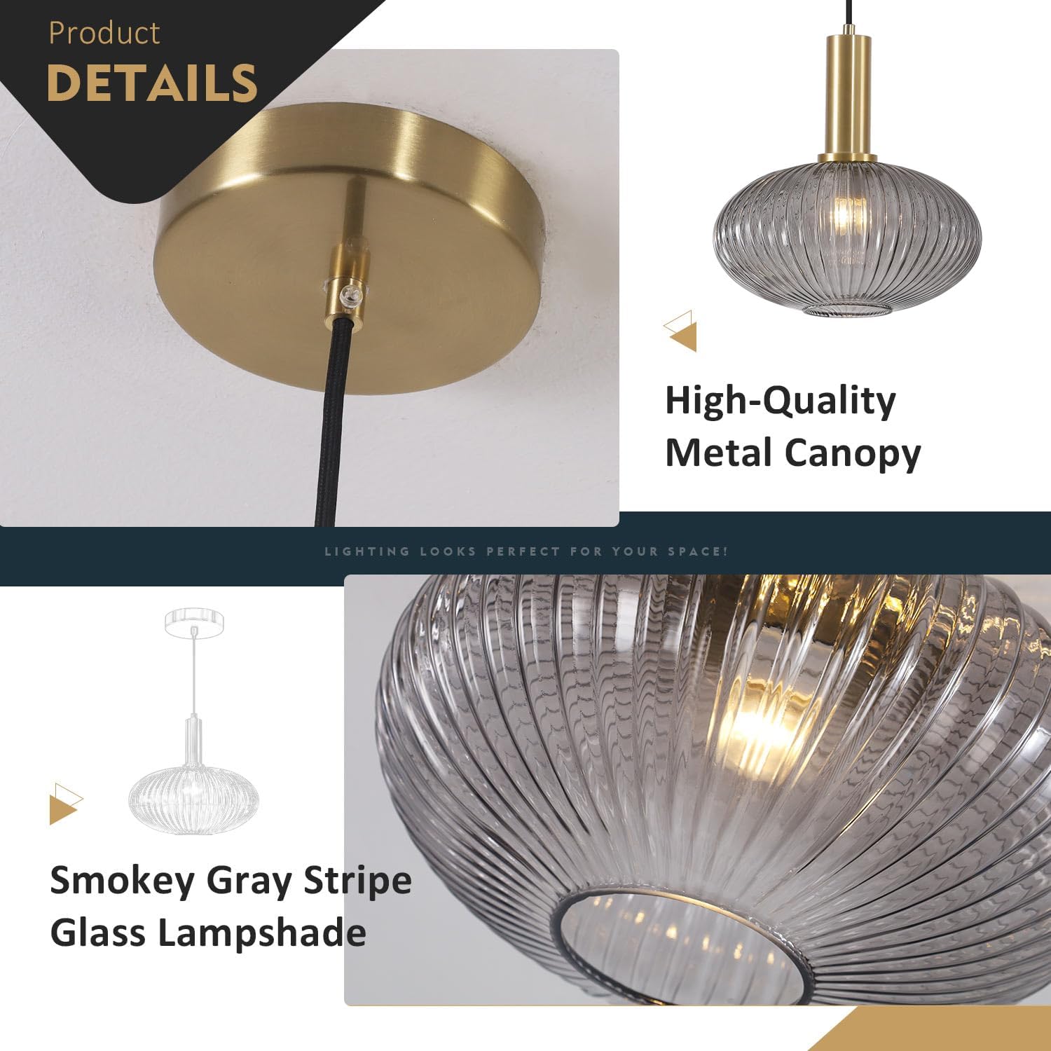BOKT Farmhouse Smoke Gray Glass Pendant Light Striped Glass Hanging Ceiling Light Fixture Globe Vintage Pendant Light Hallway Semi Flush Mount Ceiling Lamp Mid Century Modern Light Fixture