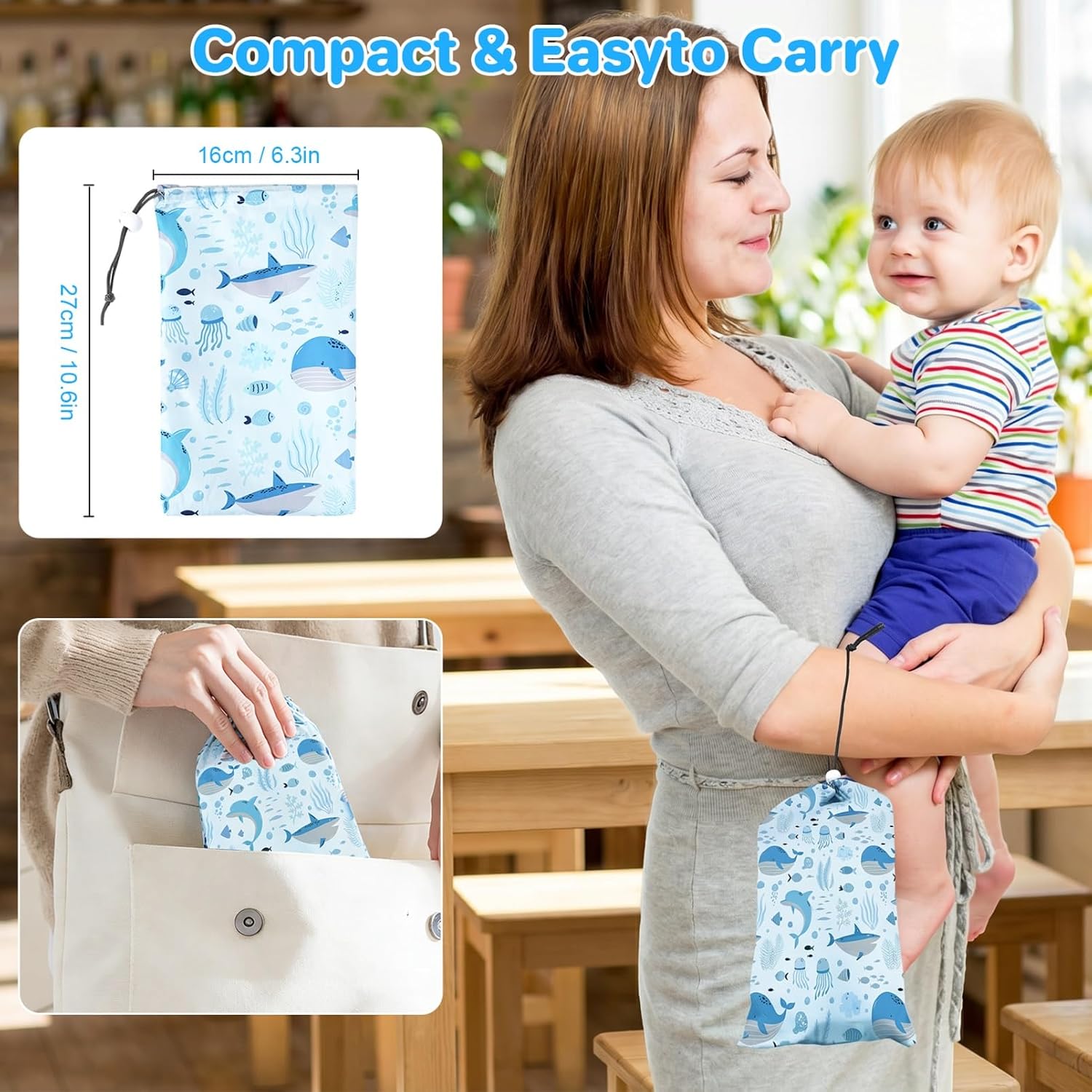 BEBOAN High Chair Cover for Restaurant, Portable Highchair Seat Covers with 3-Point Adjustable Safety Harness and Bag, for Eating/Travel/Home Use, Machine Washable, Fit Wooden Chairs (Blue Whale)