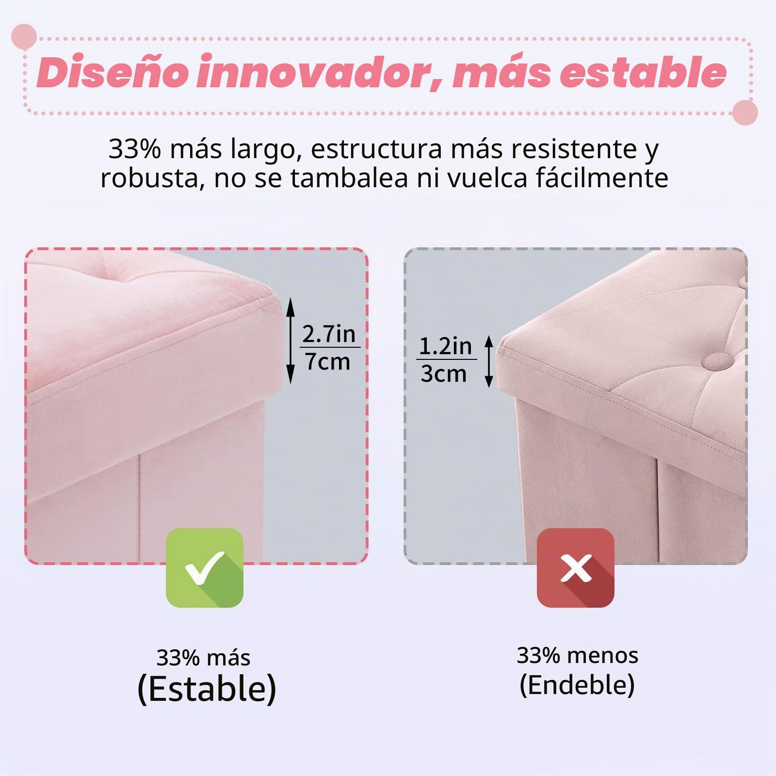 BRIAN & DANY Puff Almacenaje Plegable - Banco Almacenaje con Tapa, Taburete Baúl Multifunción para Dormitorio, Salón o Pasillo, 110 x 40 x 40 cm, Rosa